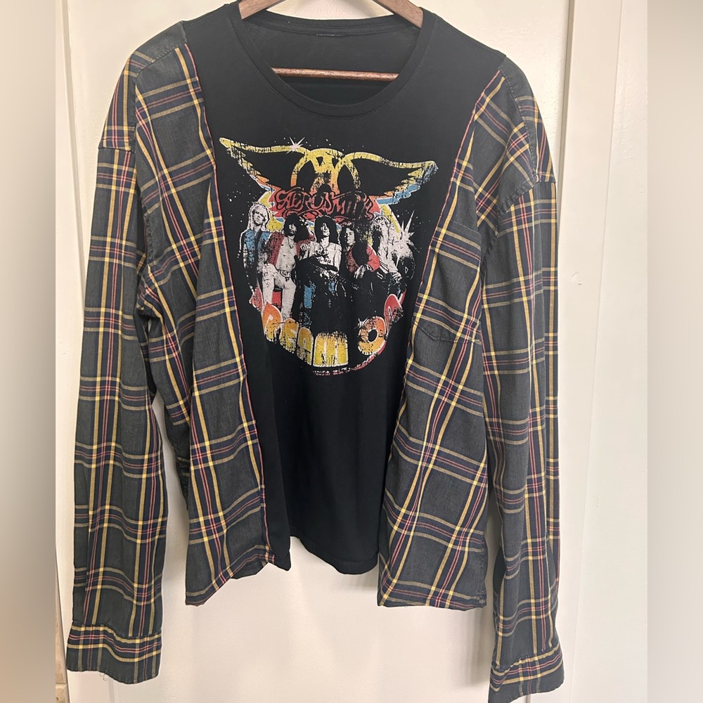 Upcycled Aerosmith Graphic Tee with Plaid Long Sleeve